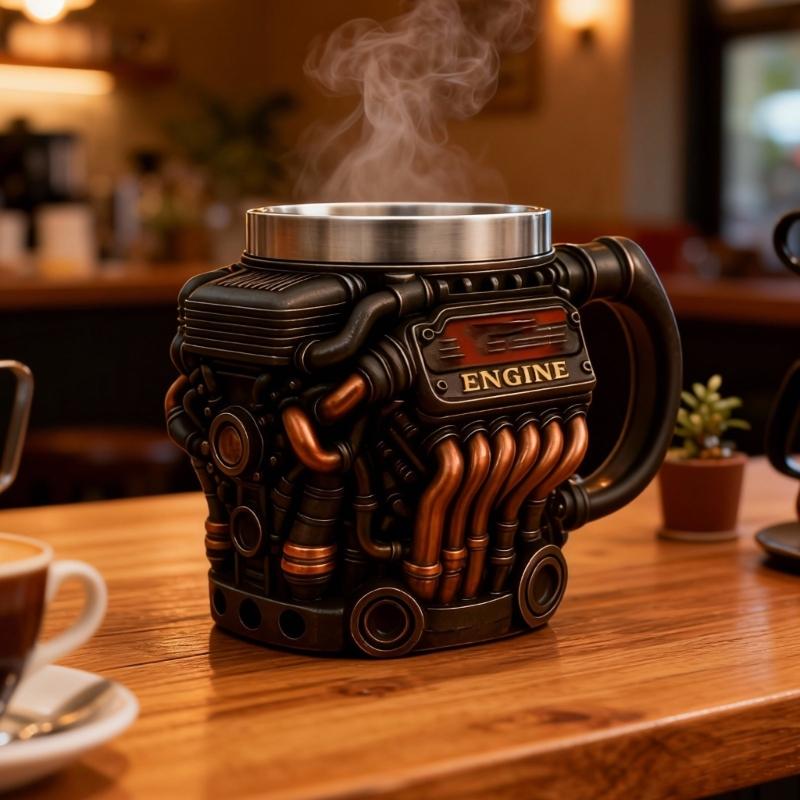 Engine Design Coffee Mug Detailed Stainless Steels Lining Mechanical Cup Hot and Cold Drink Container for Car Enthusiasts