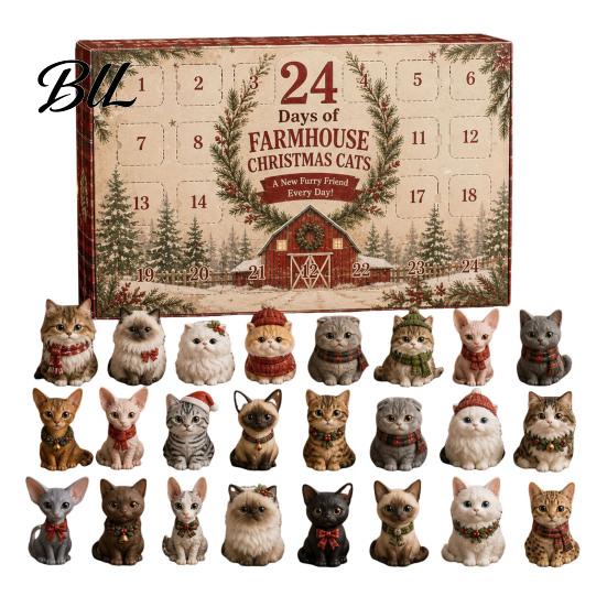 24 Day Christmas Countdown Cat Advent Calendar, with Cute Ornaments, Calendar 2D Acrylic Kitty Holiday Decorations, Gift for Kids, Party Favors Gifts