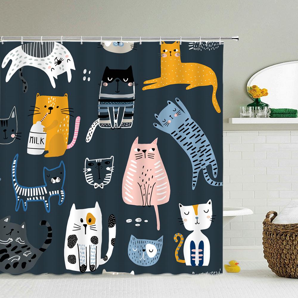 Cat Cartoon Animal Print Shower Curtain Bathroom Bathtub Shower Cover Shower Curtain With 12 Hooks Shower Curtain