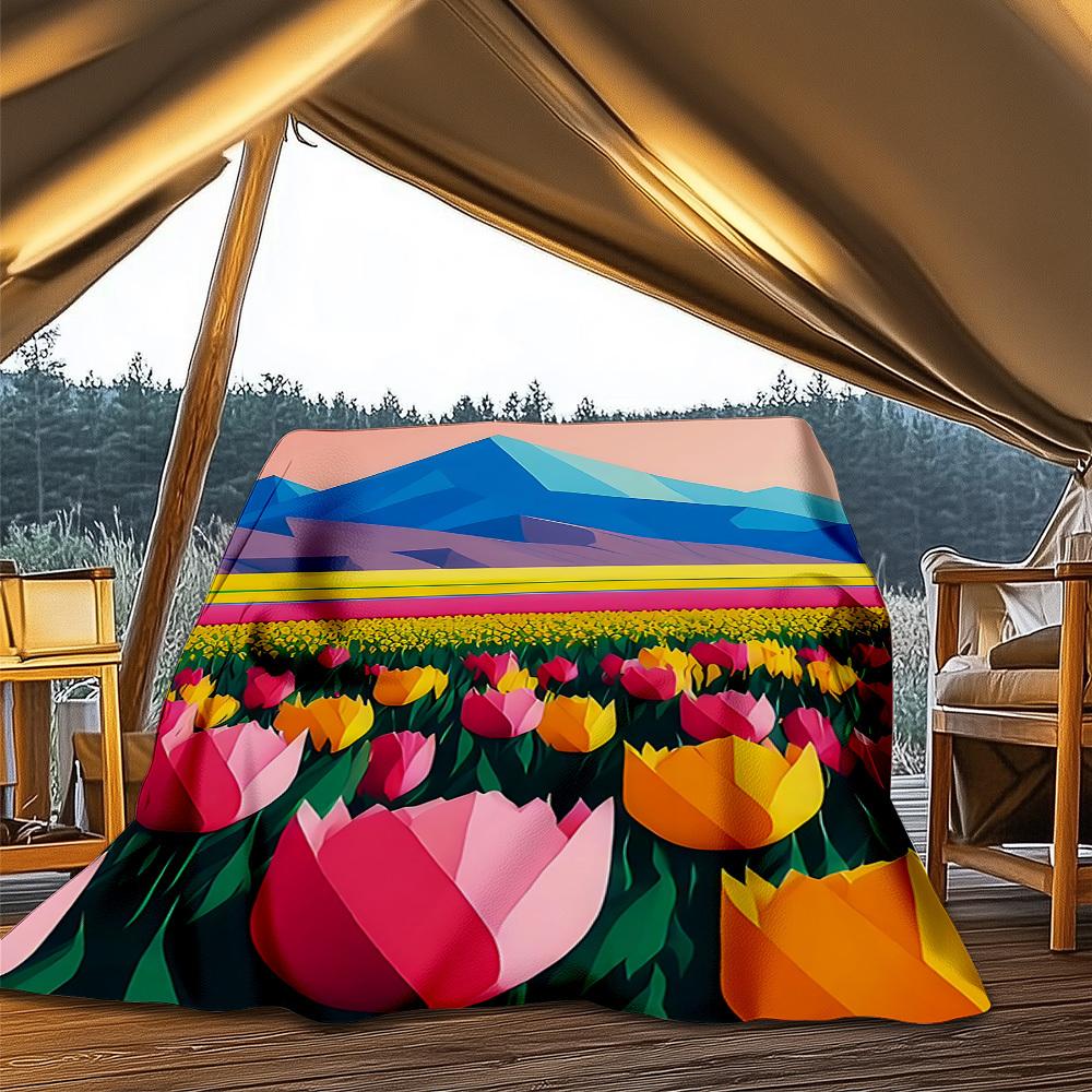 1pc Tulip Field Outdoor Flannel Blanket Soft All Season Polyester Throw , Perfect for Picnics & Travel , Picnic Accessory