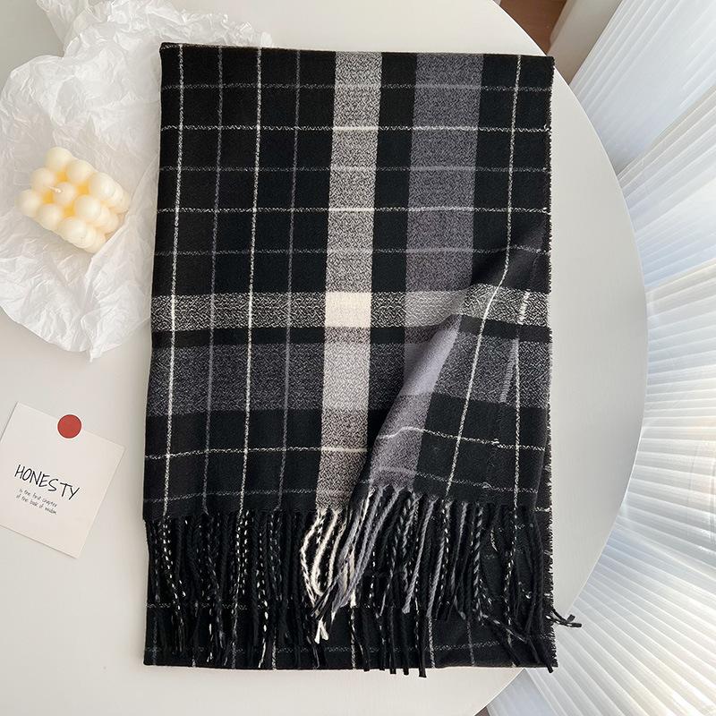 Popular couple black and white plaid scarf women's winter versatile imitation cashmere plaid scarf thickened to keep warm, windproof and cold