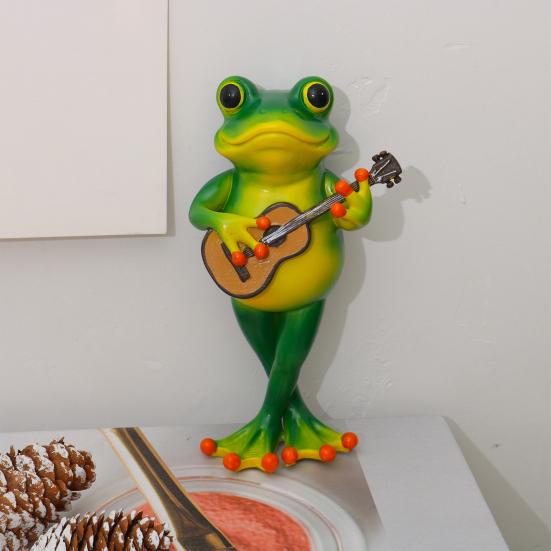 Frog Musician Statue Hand-Engraved Frog Ornament with UV Coating Mini Resin Figurine Playing Musical Instrument Garden Decor
