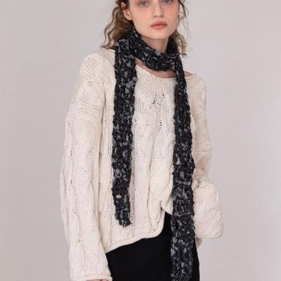 Slowslowly No.187 / Denim Crochet Skinny Muffler _ Dark Blue, Light Blue, Black