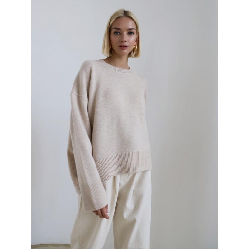 Autumn and Winter Women's Sweater Knit Sweater Round Neck Loose Solid Color Long Sleeve Sweater