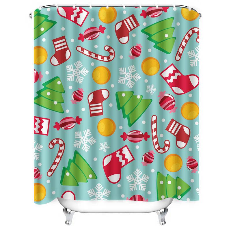 Tu Festive Holiday Shower Curtain Christmas Trees Snowflakes Candy Cane Pattern Waterproof Bathroom Decor Xmas Home Textile