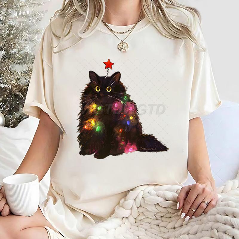 Women Tshirts Christmas Lights Cat Kawaii Cartoon Tops Tees Cute Animal Lover Funny T Shirts Girl Black Cat Fashion Casual Tops