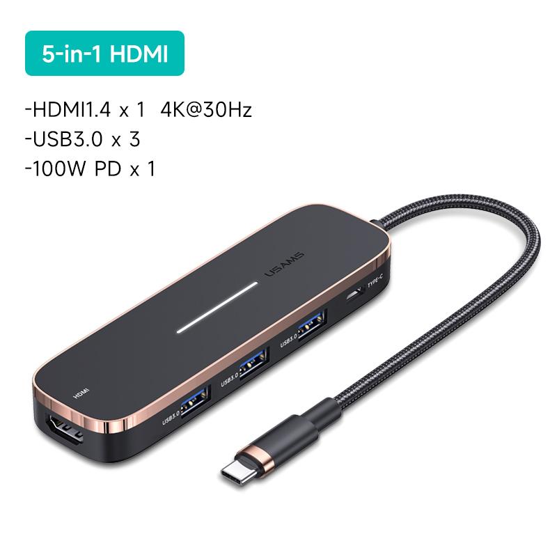 USAMS 6 In 1 PD 100W Type C Hub USB C To HDMI-compatible 1.4 USB3.0 TF SD Slot Hub Dock Station Splitter 5 In 1 Hub Adapter for MacBook IPad Laptop