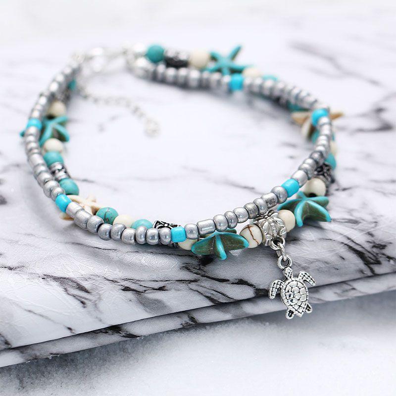 Vintage Blue Starfish Shell Anklet Beach Turtle Anklet Vacation Rice Bead Anklet