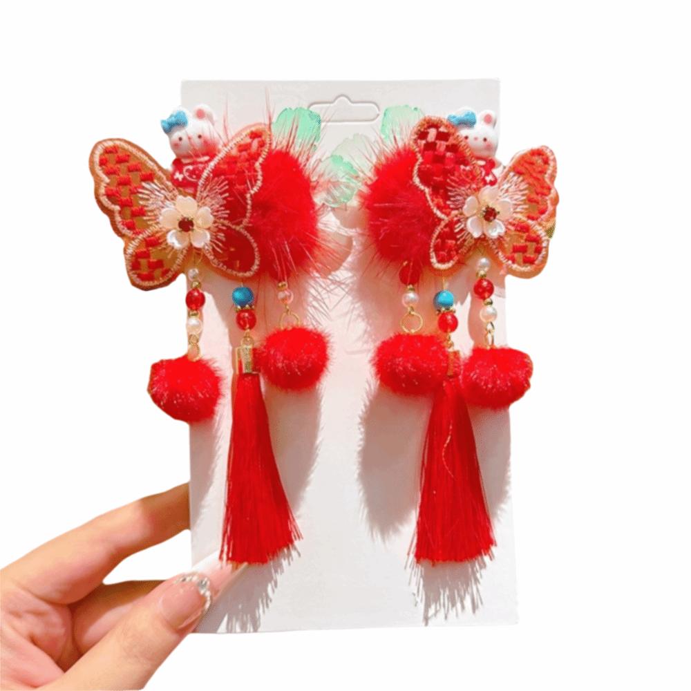 Exquisite Elegant Traditional Chinese Hair Clip Cute Bow Tassel Hairpin Hair Ball Red New Year Hair Accessory Cosplay Events