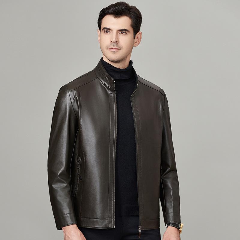 Autumn and Winter Sheepskin Middle-aged Dad Genuine Leather Jacket Stand Collar Men's Thin Fashion Jacket