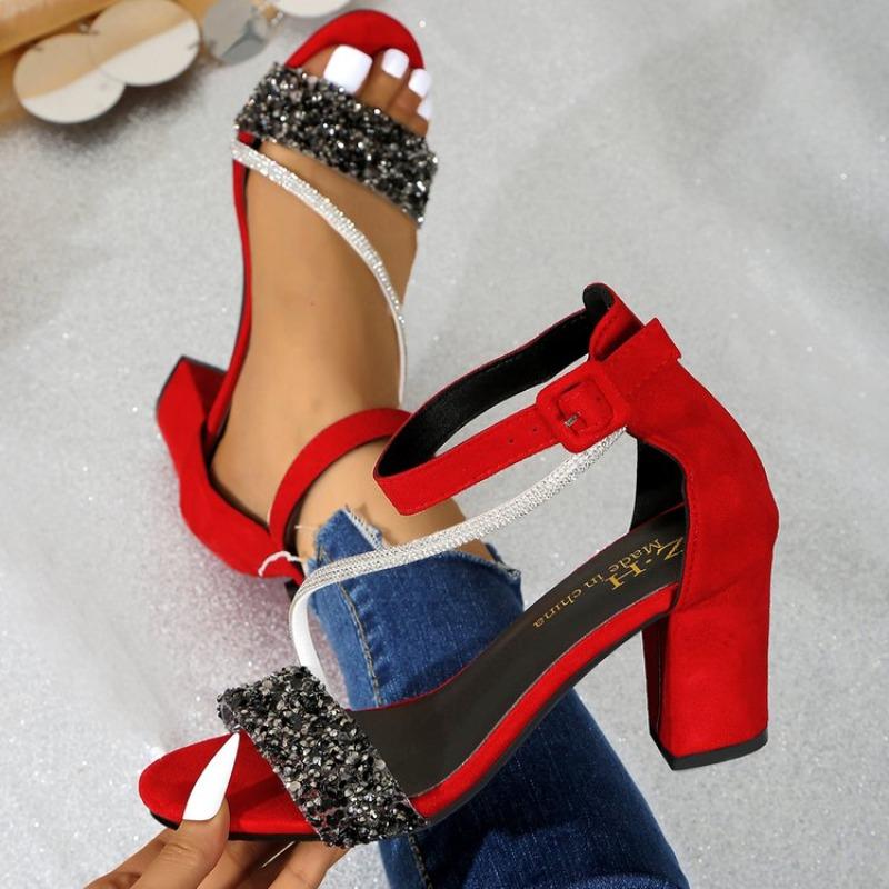 2026 Sommer Offene Zehenpartie Damen Sandalen Mode Schnallenriemen Neue Pailletten Übergröße Farbabstimmung Sandalen mit Absatz