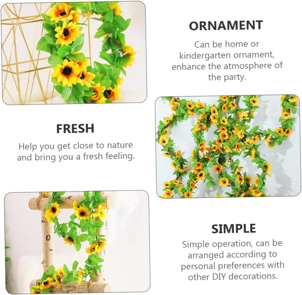 Artificial Sunflower Garland Silk Sunflower Vine Yellow Flower Green Leaves Outdoor Fake Hanging Plants