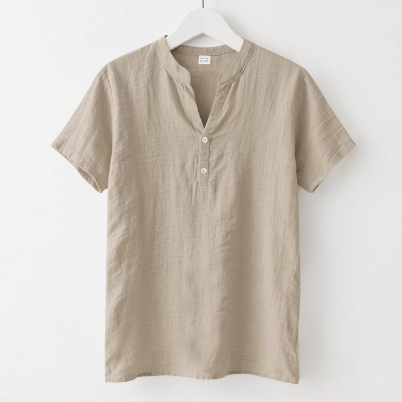 Chemise d'été décontractée ample pour homme avec col montant en lin à manches courtes de couleur unie Grande taille Vêtements pour homme