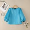 Women Casual Round Neck Solid Color 3/4 Sleeve Blouse