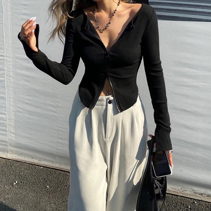 2KWEIRD  Women T-shirt Spring Autumn Clothes Ribbed Knitted Long Sleeve Crop Tops Zipper Design Tee Sexy Female Slim Black White Tops