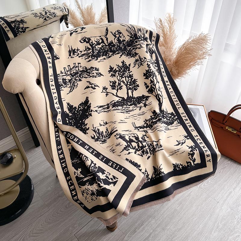 Winter Women'S Scarf Cashmere Luxury  Forest Animal Jacquard Thickened Warm Shawl Cashmere Cloak Scarf Ladies