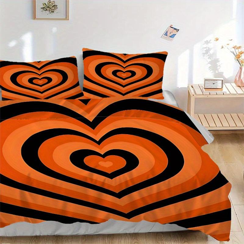 3pcs Orange Heart Pattern Bedding Set, Breathable and Soft, Suitable for All Seasons, Ideal for Home Use, Suitable for Bedroom Decor Yy250821201