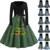 Damenmode Vintage Langarm V-Ausschnitt Weihnachten Bedruckte Abendkleider Partykleider