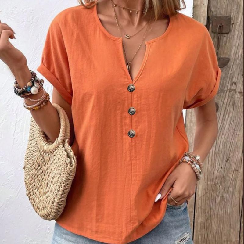 Summer Women's Shirt Casual V-Neck Button Short Sleeve Solid Color Shirt