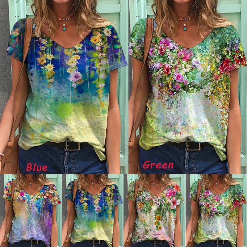 Stylish Womens V Neck Short Sleeve Blouse Soft Casual Baggy Floral T-shirt Tunic Tops