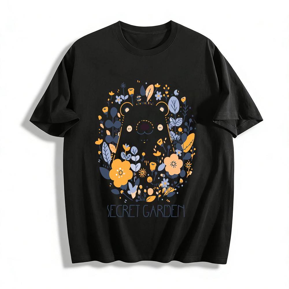 Secret Garden Floral Bear Print Crewneck Tee Cute Animal Botanical Graphic Casual Top for Women Pure cotton T-shirt