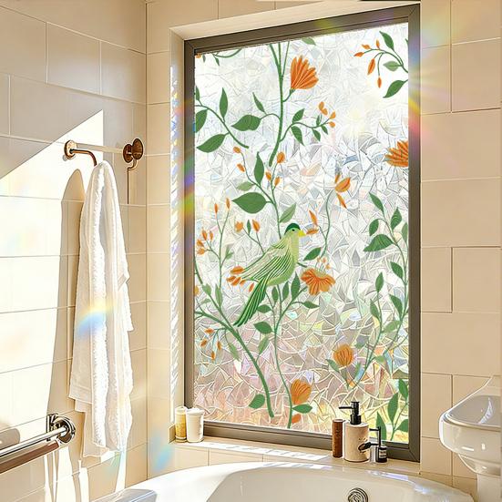 Stained Glass Window Film Rainbow Floral Window Privacy Film Decorative Sun Blocking Static Glass Clings for Home Door Window