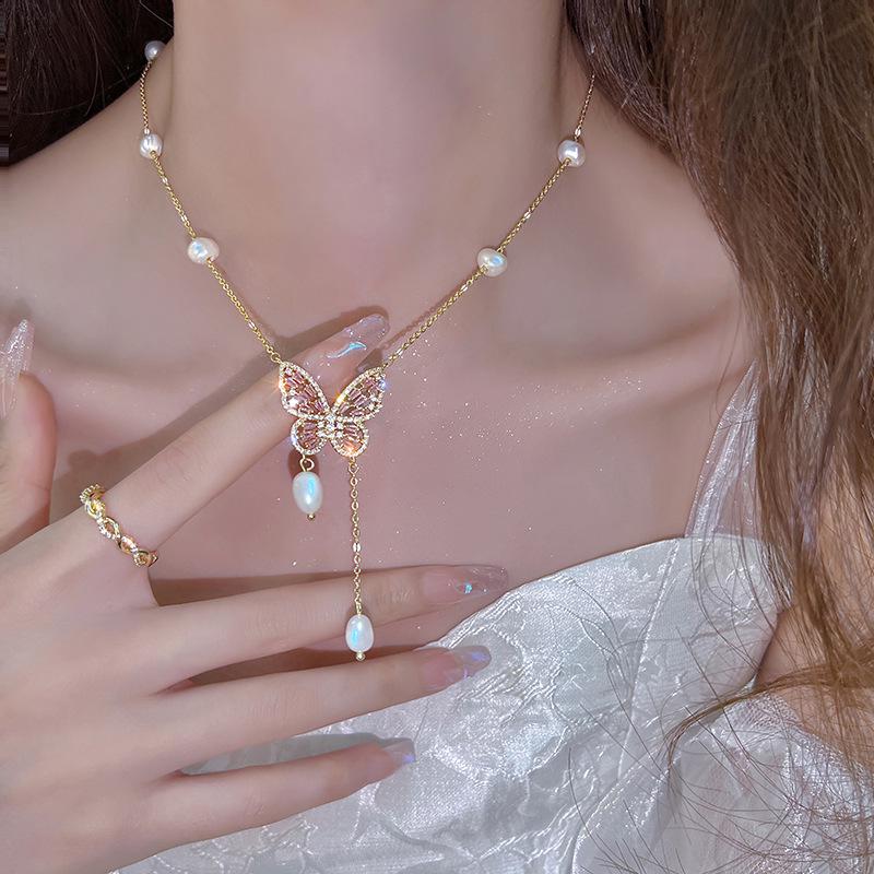 Elegant Gold-Plated Freshwater Pearl & Zircon Butterfly Tassel Necklace