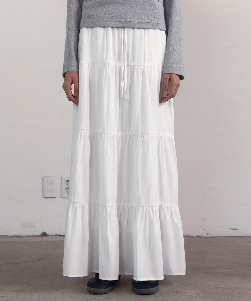 38 Come On Common Shirring Tiered Banding Skirts (White) - Short Length