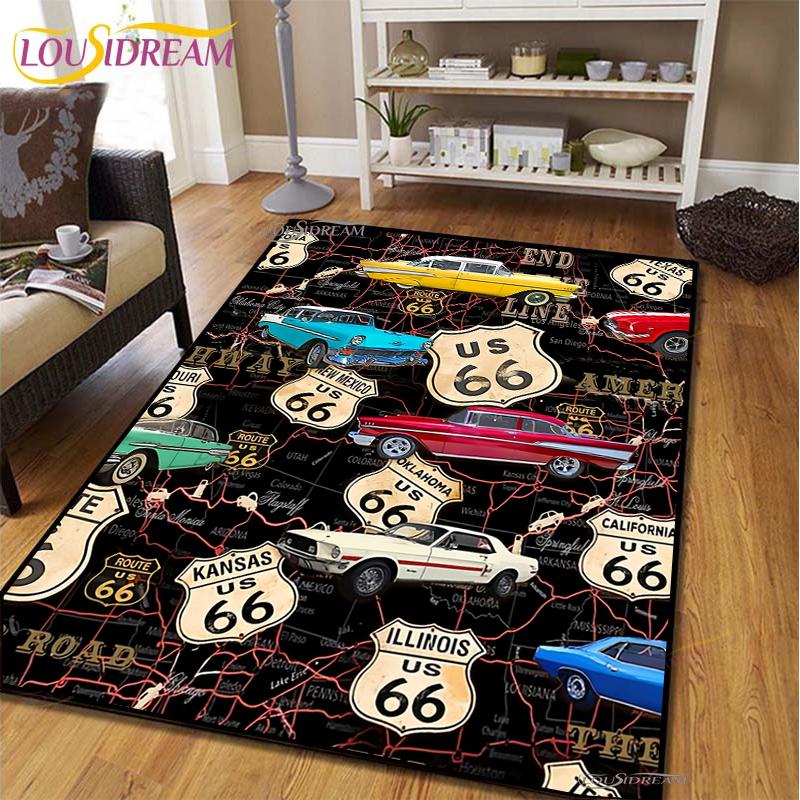 Route66 Motorrad Teppich für Wohnzimmer Schlafzimmer Teppiche Küche Kinder Tür Rutschfeste Bodenmatten Geburtstagsgeschenk Fotografie Requisiten Teppich