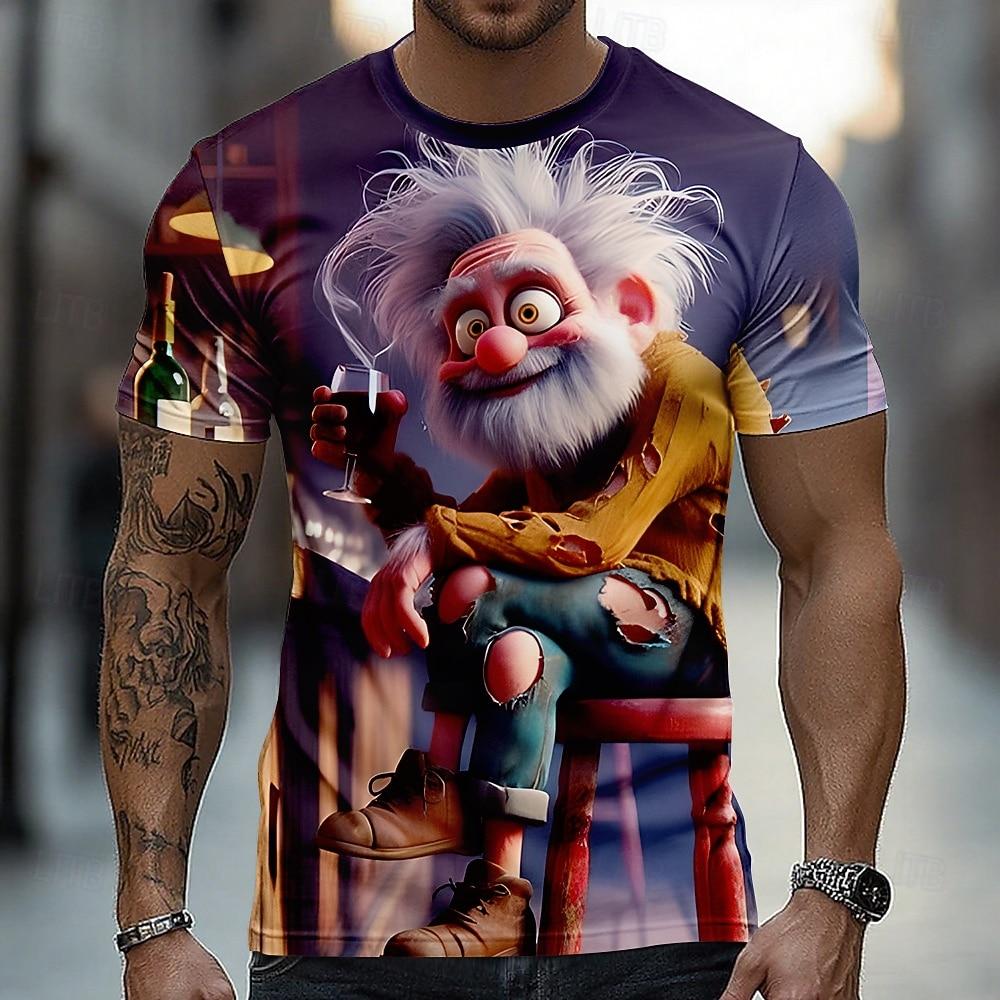 Men's Funny Cartoon Crazy Old Man Holding Red Wine Glass Bar Novelty T-shirt 3D Print Short Sleeve t shirts Tops Summer Clothing