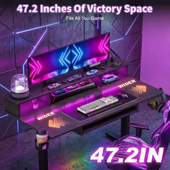 Height Adjustable Gaming Desk Electric Standing Desk, 48" X 24" with Power Outlets Ergonomic Sit Stand Up Down Computer Table & LED Lights,