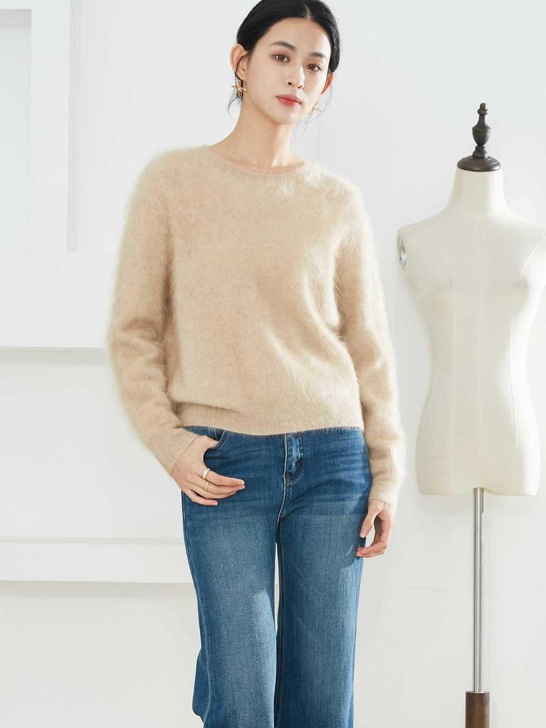 Women's High-End Cashmere Wool Knitwear: Seamless Brushed Round Neck Pullover Sweater