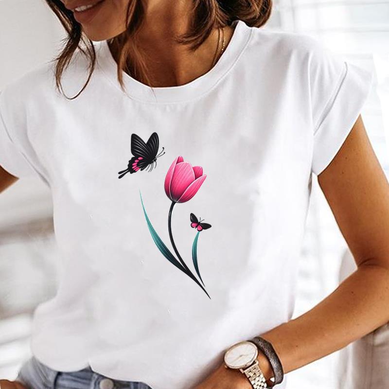 (Asian Size) T Shirt sweet trend flower Female Women Tee Top Clothing Casual Flower Fashion Short Sleeve Print Lady Graphic T-shirts