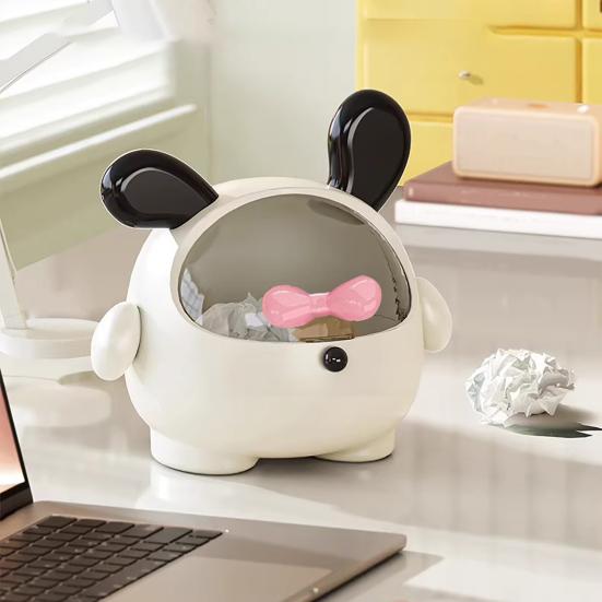 Storage Box with Transparent Sliding Cover Organizer Cute Cartoon Ear Design Tidy Box for Desktop Organization