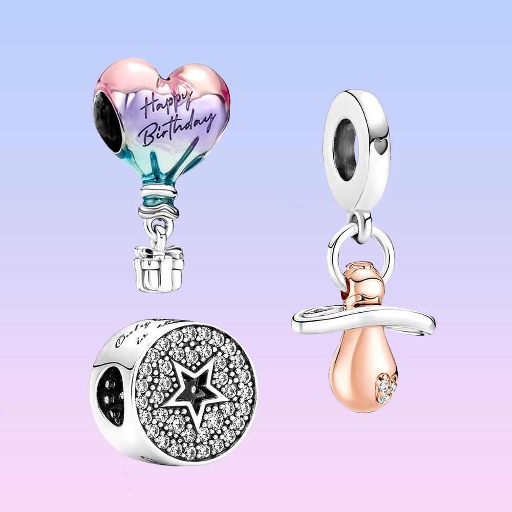S925 Silver Pave and Star Congratulations Birthday Hot Air Balloon Charms Fit Original Bracelet DIY for Women Birthday Gifts
