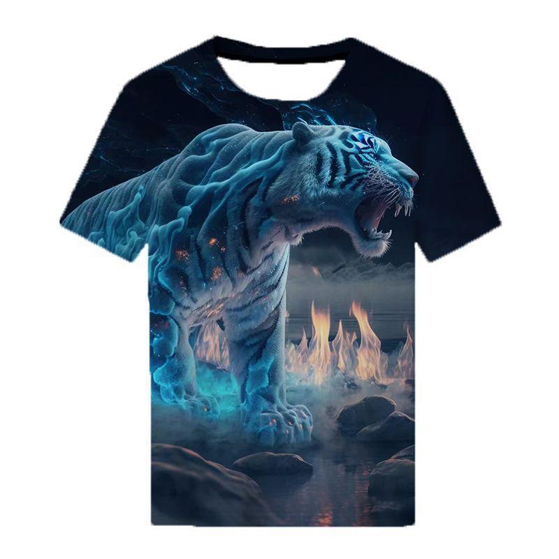 T-shirt Uomo con Stampa Tigre 3D Estate Maglietta Blu Rossa Abbigliamento Casual Girocollo Manica Corta Top Larghi Traspiranti Sportswear Camicie