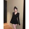 Spice Girl Pure Desire Deep V-neck Long-sleeved T-shirt Women's Polo Collar Waist Thin Top High Waist Pleated Skirt Pants Two-piece Set Autumn