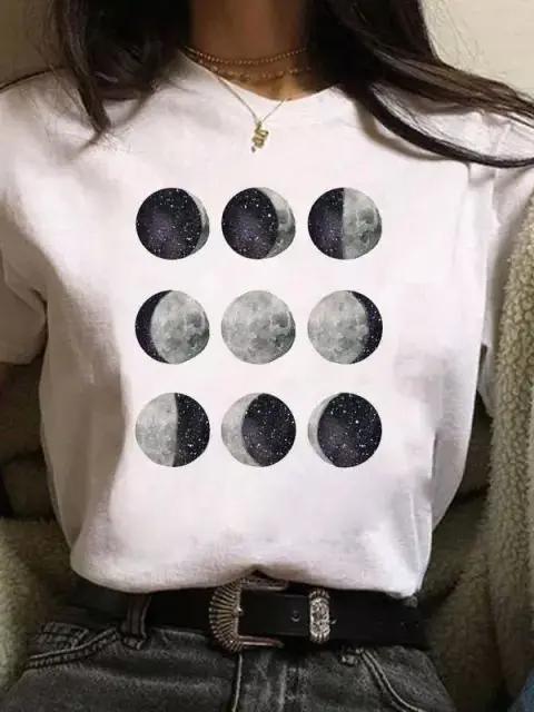 Duże Rozmiary Nowa Zabawna Koszulka z Nadrukiem Księżyca Unisex Białe i Czarne Koszulki Modna Koszulka z Okrągłym Dekoltem i Krótkim Rękawem Letnie T-shirty