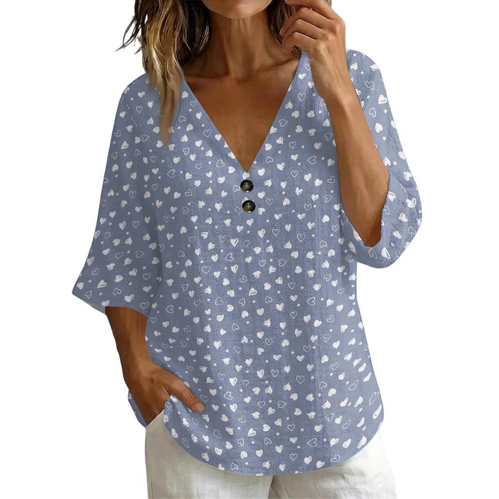 Women's V-Neck Short Sleeve T-Shirt, Vintage Floral Print Loose Fit Casual Cotton-Linen Top