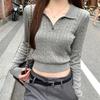 Women Polo Collar Knit Sweater Button-Front Strechy Cable-Knit Long Sleeve Crop Top Plain Jumper Fitted Pullover Tennis Core Y2K