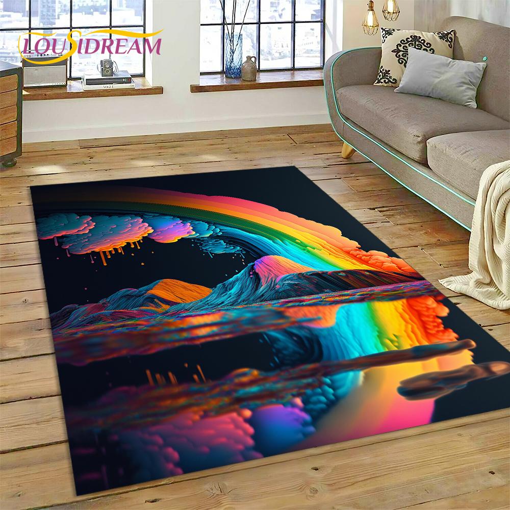 Regenbogen 3D Farbillusion Cartoon Teppich für Wohnzimmer Schlafzimmer Heimdekoration, Bodenmatte Rutschfest Dekoration für Sofa Fußmatte