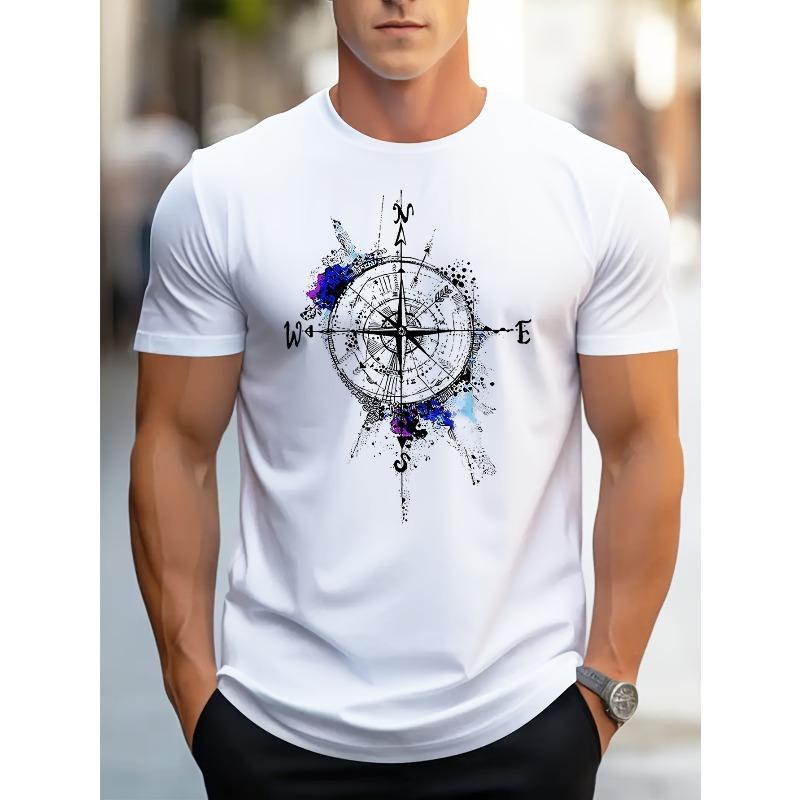 European Sizes Everyday Comfort] Men's Compass Print Crew Neck T-Shirt - Breathable Polyester, Casual Street Style Short Sleeve Top