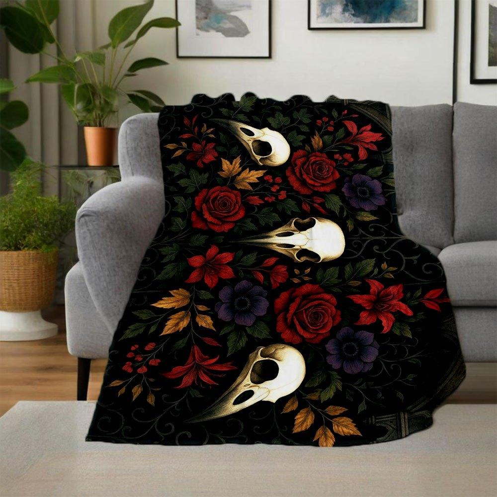 "Dark Gothic Floral Skulls Wall Art Print"Blanket Flannel Throw Blanket for Sofa, Bed, Travel, Camping, Office, Couch, Chair, And Bed Gift F