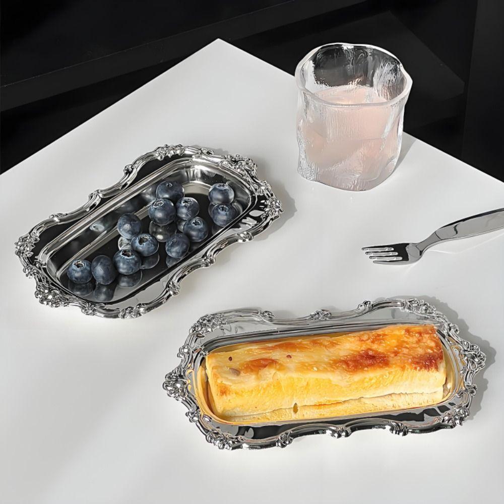 Stainless Steel Dessert Plate Embossed Jewelry Storage Plate Vintage Cake Tray  Home Decoration