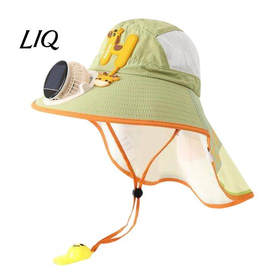 Sombrero de Protección Solar para Niños Pequeños, Gorra Infantil con Ventilador Solar Integrado, Sombrero con Visera Ancha y Ventilador de Refrigeración, Tejido de Malla Transpirable, Estampado de Dibujos Animados de Verano, Diseño con Chal