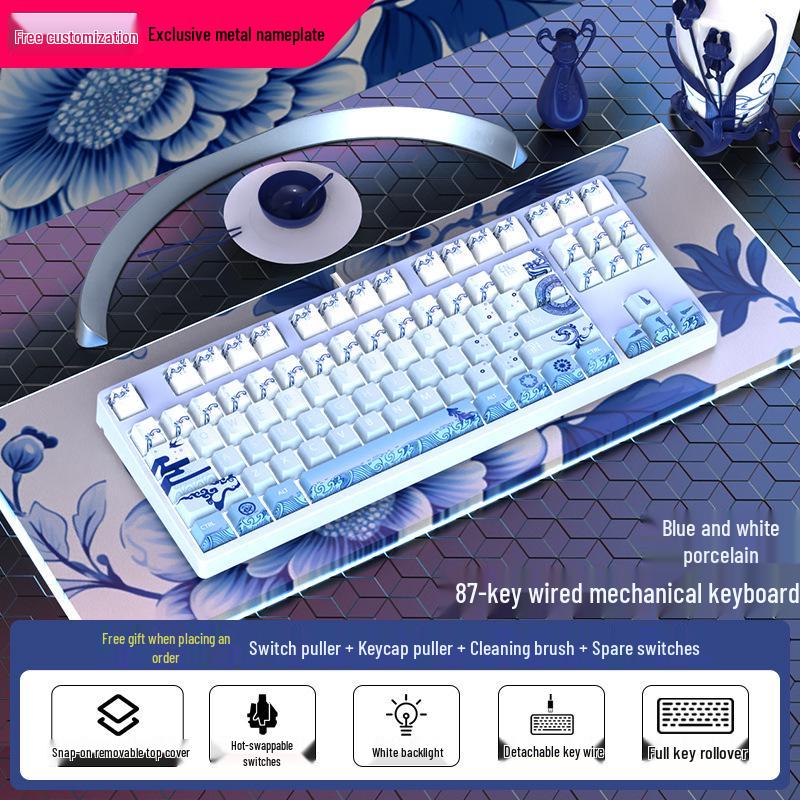 87-Key Schattig Mechanisch Toetsenbord, Bedraad Blauwe Schakelaar, Gepersonaliseerd PBT voor Gaming, Esports, Kantoor, Creatieve Meisjes