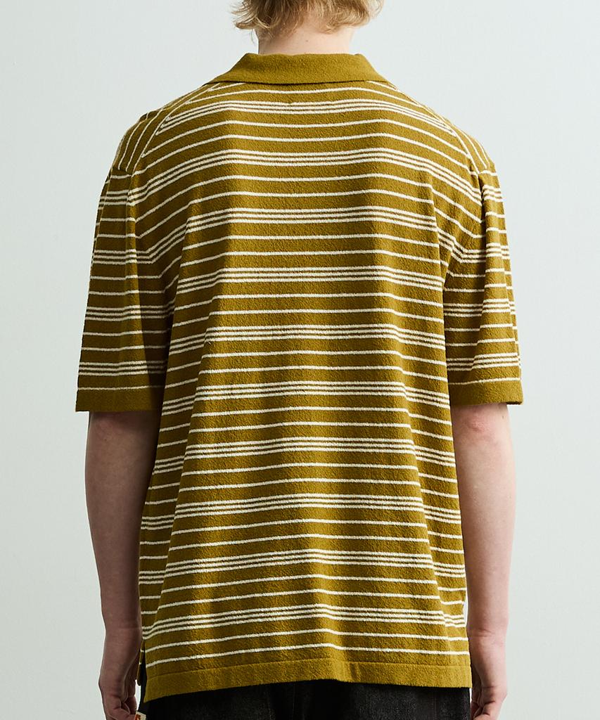 ONNHANS Striped Open Collar Short Sleeve Knit_Olive Green