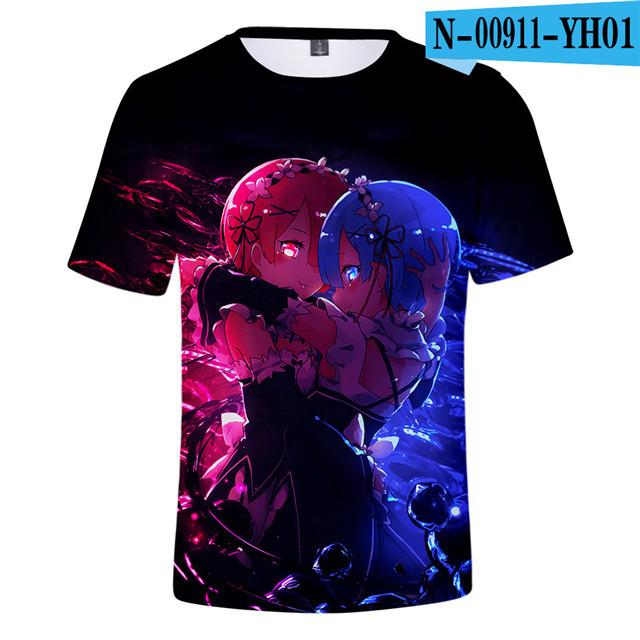 Re Zero 3D-bedrucktes T-Shirt, kurzärmelig, für Sommer, Männer und Frauen, Cartoon-Kleidung, Rem und Ram, japanisches Anime-Shirt, T-Shirts