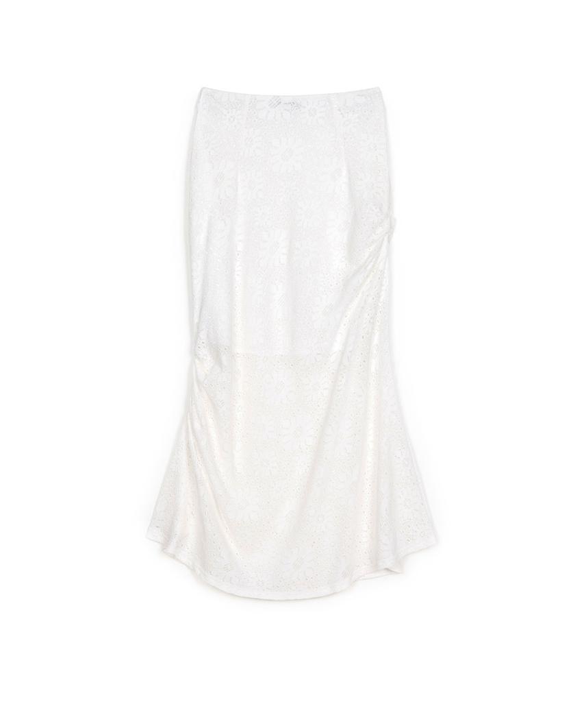 Three To Eighty Unbalance Crochet Shirring Skirt White
