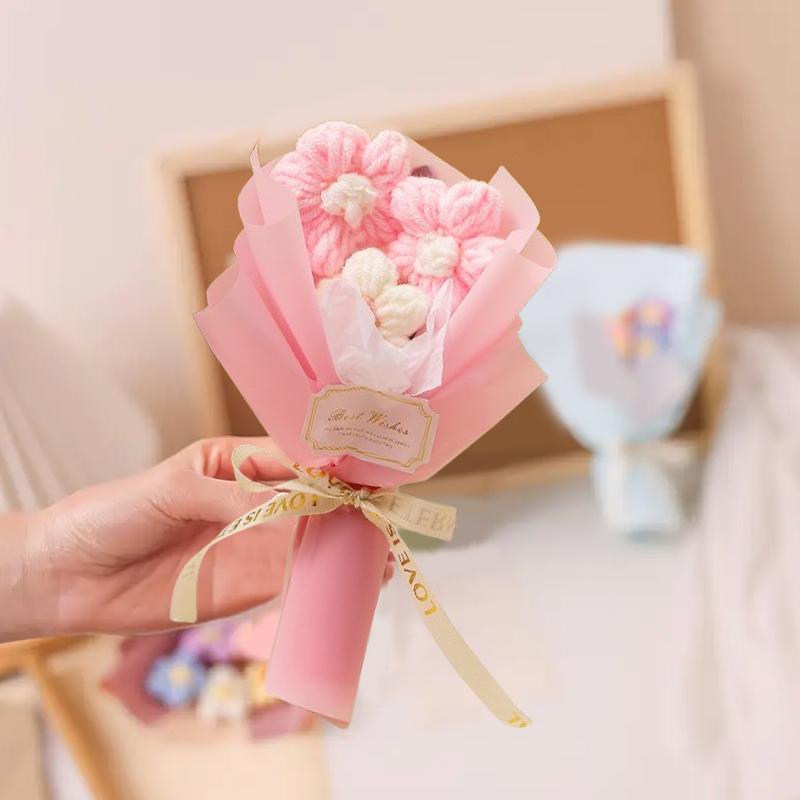 Knitted Puff Bouquet Creative Bow Ribbon Mini Multiple Colors Decorative Simulation Flower Photography Props Gift Accessories